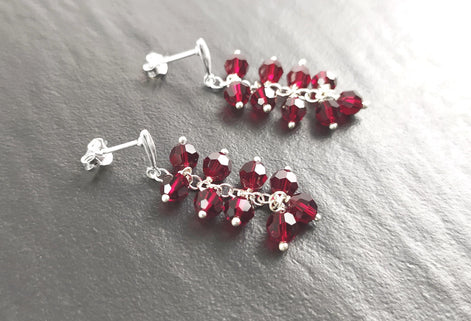 Red Stone Grapes Earrings, Sterling Silver, Teardrop Dangle Red Grape Crystal Stones, Berries Pomegranate Garnett Color, Drop Jewelry
