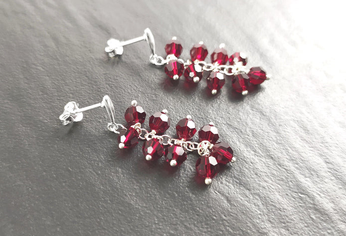 Red Stone Grapes Earrings, Sterling Silver, Teardrop Dangle Red Grape Crystal Stones, Berries Pomegranate Garnett Color, Drop Jewelry