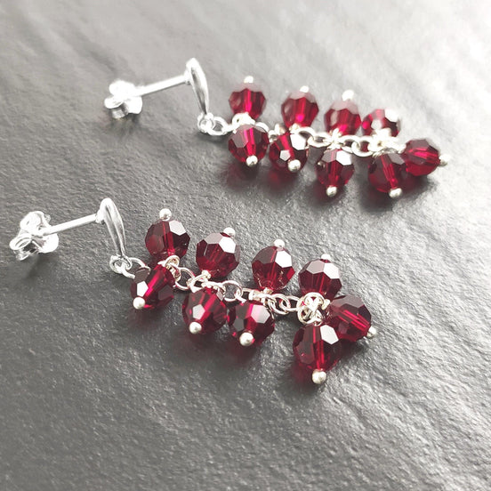 Red Stone Grapes Earrings, Sterling Silver, Teardrop Dangle Red Grape Crystal Stones, Berries Pomegranate Garnett Color, Drop Jewelry