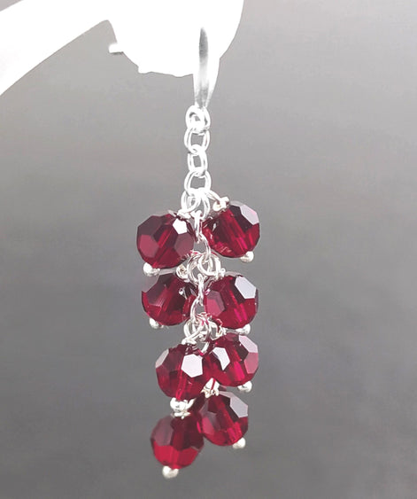 Red Stone Grapes Earrings, Sterling Silver, Teardrop Dangle Red Grape Crystal Stones, Berries Pomegranate Garnett Color, Drop Jewelry