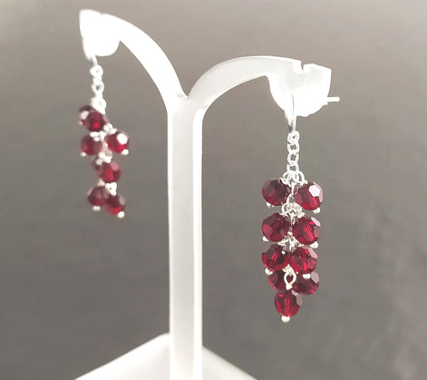 Red Stone Grapes Earrings, Sterling Silver, Teardrop Dangle Red Grape Crystal Stones, Berries Pomegranate Garnett Color, Drop Jewelry