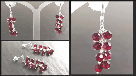 Red Stone Grapes Earrings, Sterling Silver, Teardrop Dangle Red Grape Crystal Stones, Berries Pomegranate Garnett Color, Drop Jewelry
