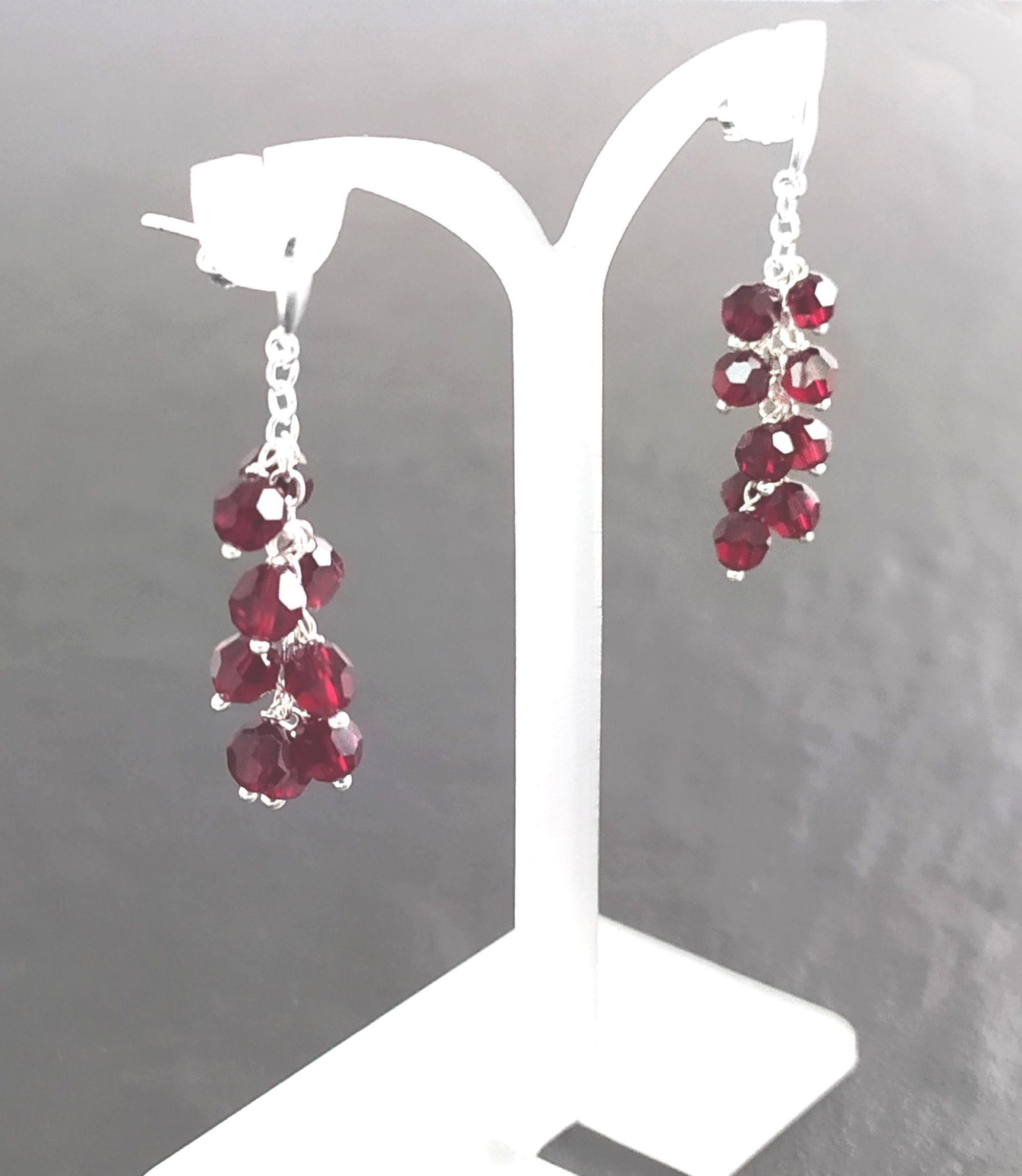 Red Stone Grapes Earrings, Sterling Silver, Teardrop Dangle Red Grape Crystal Stones, Berries Pomegranate Garnett Color, Drop Jewelry