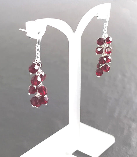 Red Stone Grapes Earrings, Sterling Silver, Teardrop Dangle Red Grape Crystal Stones, Berries Pomegranate Garnett Color, Drop Jewelry