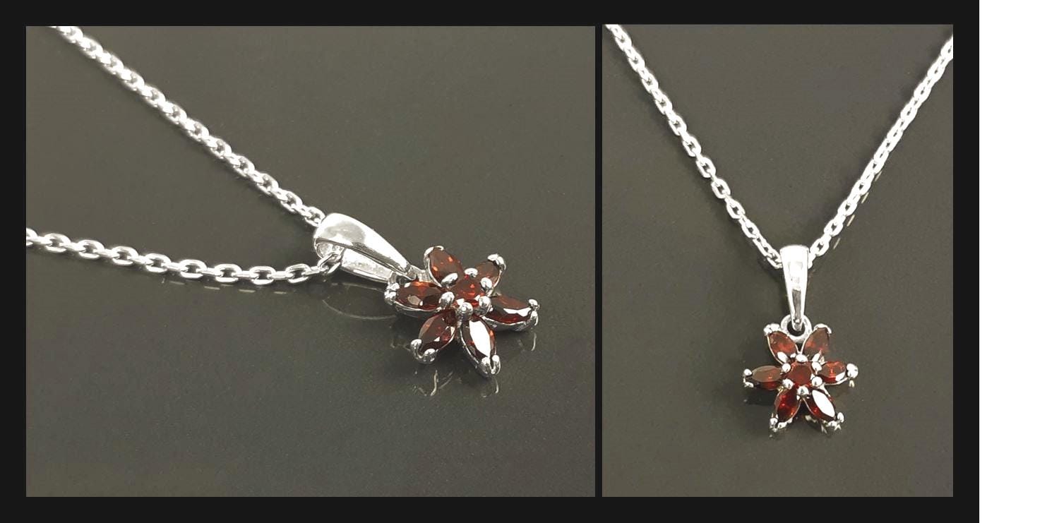 Sterling Silver Red Flower Earrings Pendant Set, Garnet CZ, Floral Jewelry Gift for her