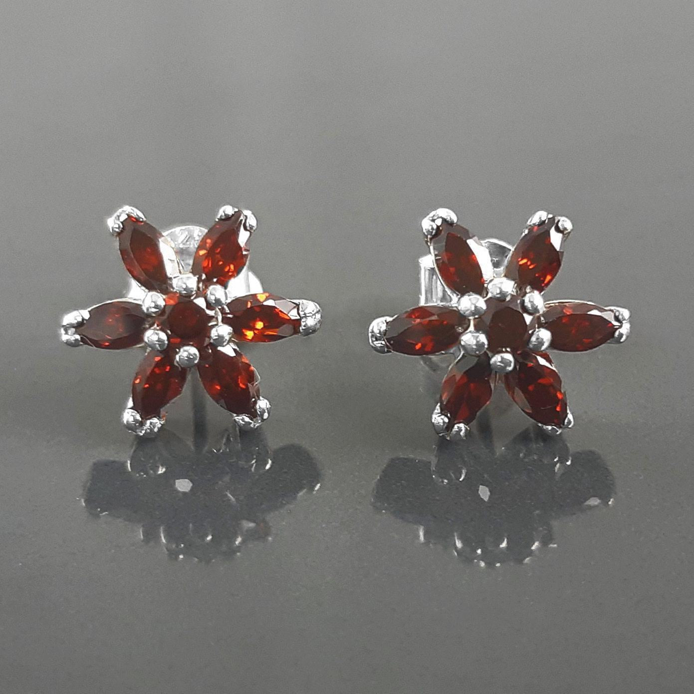 Sterling Silver Red Flower Earrings Pendant Set, Garnet CZ, Floral Jewelry Gift for her