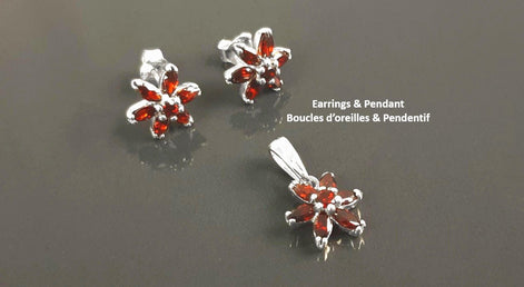 Sterling Silver Red Flower Earrings Pendant Set, Garnet CZ, Floral Jewelry Gift for her