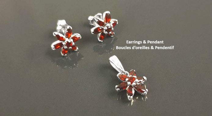 Sterling Silver Red Flower Earrings Pendant Set, Garnet CZ, Floral Jewelry Gift for her