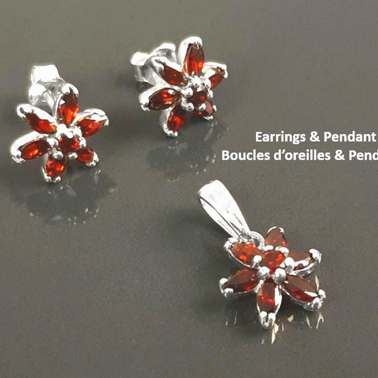 Sterling Silver Red Flower Earrings Pendant Set, Garnet CZ, Floral Jewelry Gift for her