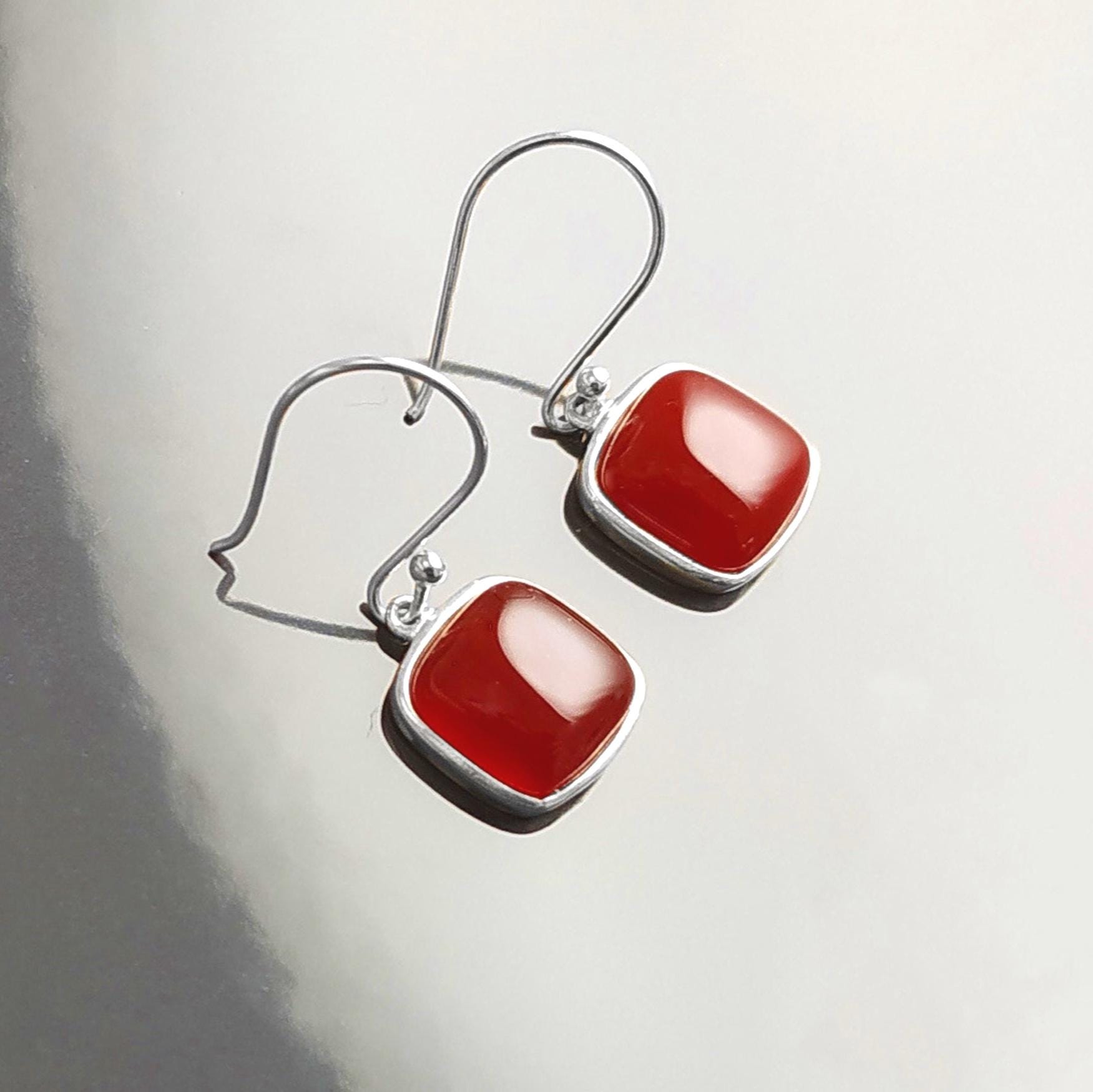 Red Square Pendant, Rounded, Sterling Silver, Ganuine RED Agate Gemstone, big red stone, Geometric Minimalist Jewelry. 925 and Gemstone.