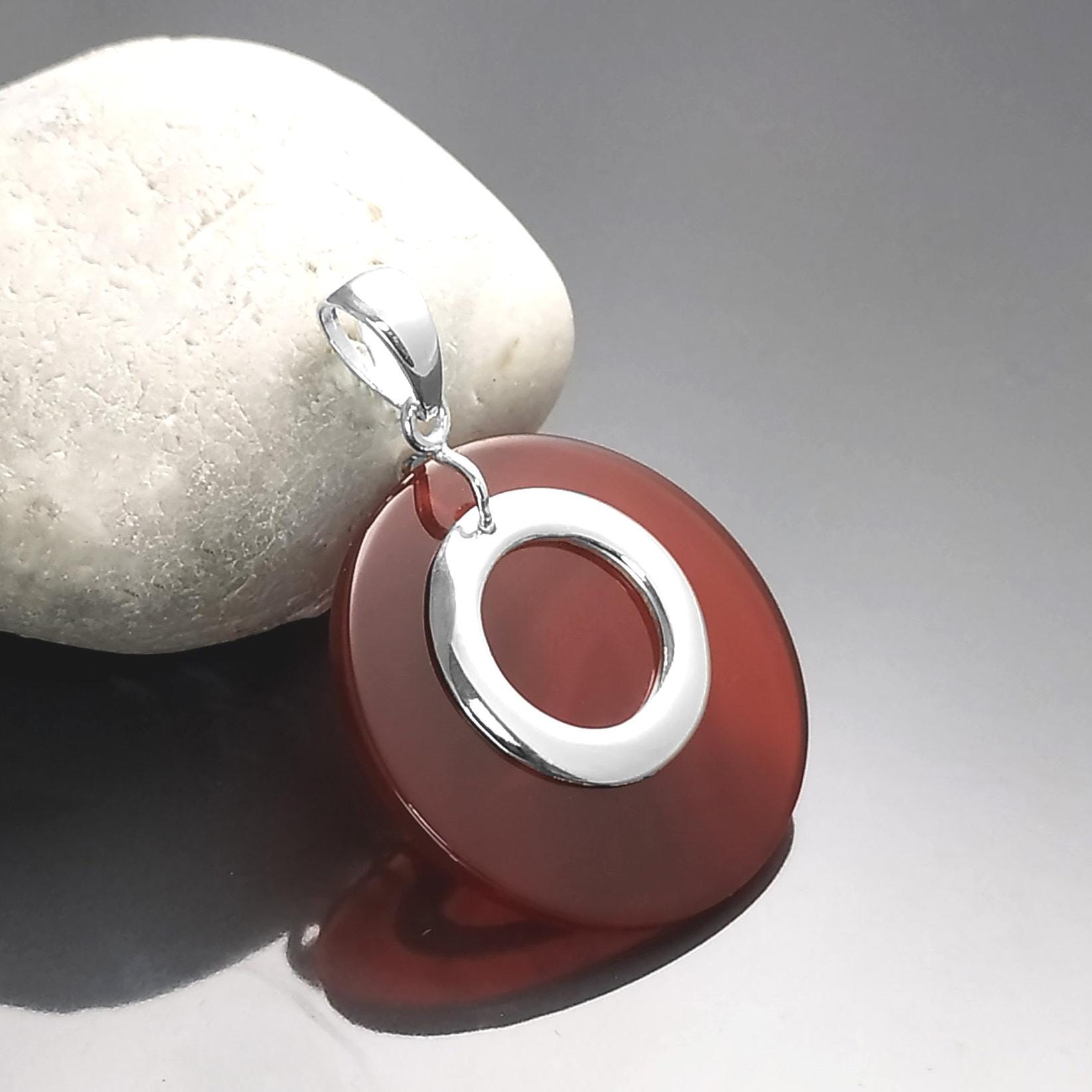 Red Round Pendant, Sterling Silver, Red Agate Stone Discs, Modern Dangle Geometric Necklace, Minimalist Women Jewelry