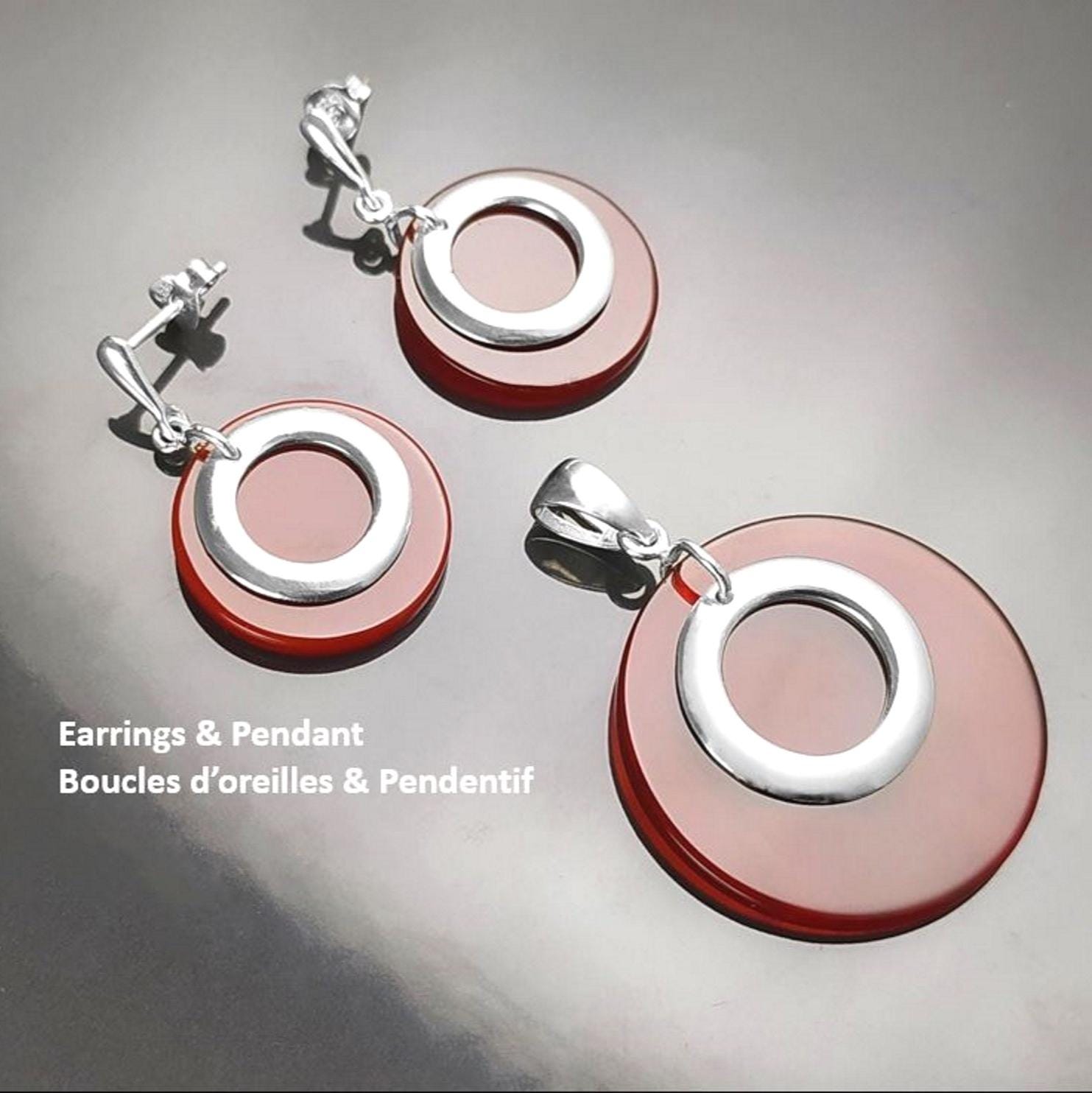 Red Round Pendant, Sterling Silver, Red Agate Stone Discs, Modern Dangle Geometric Necklace, Minimalist Women Jewelry