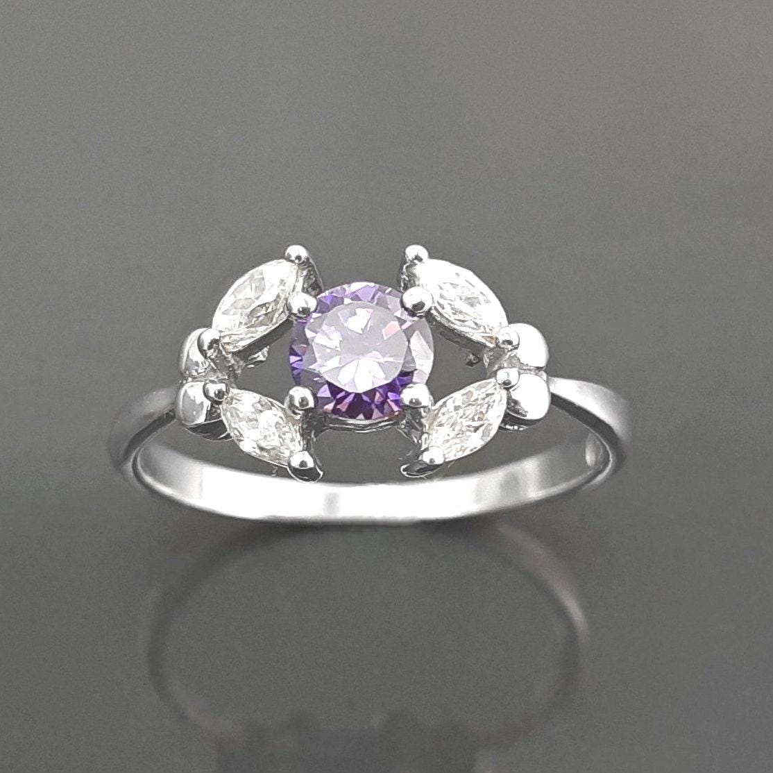 925 Sterling Silver Halo Ring Purple Amethyst CZ, Modern Small Solitaire Jewelry