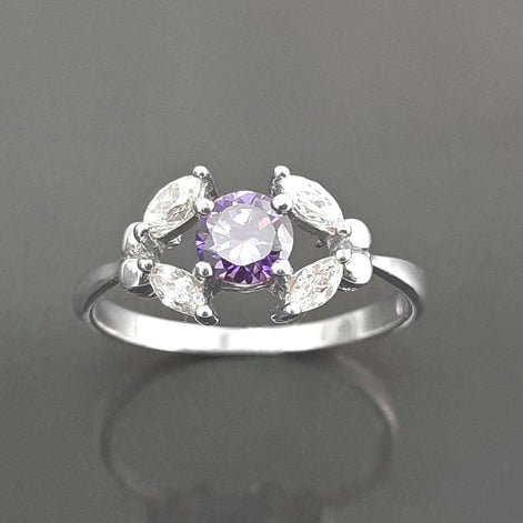 925 Sterling Silver Halo Ring Purple Amethyst CZ, Modern Small Solitaire Jewelry