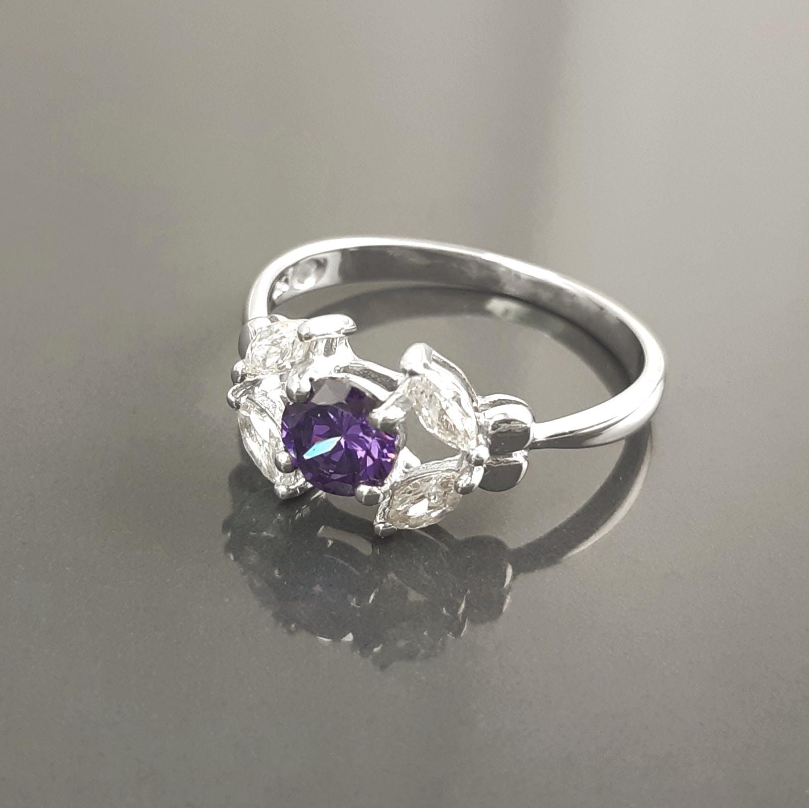 925 Sterling Silver Halo Ring Purple Amethyst CZ, Modern Small Solitaire Jewelry