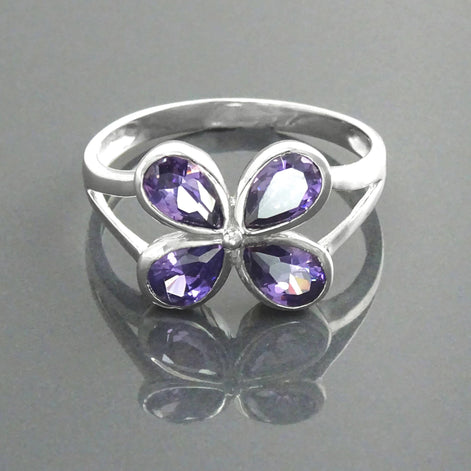 Sterling Silver Flower Ring, Amethyst Purple Color CZ, Modern Minimalist Jewelry