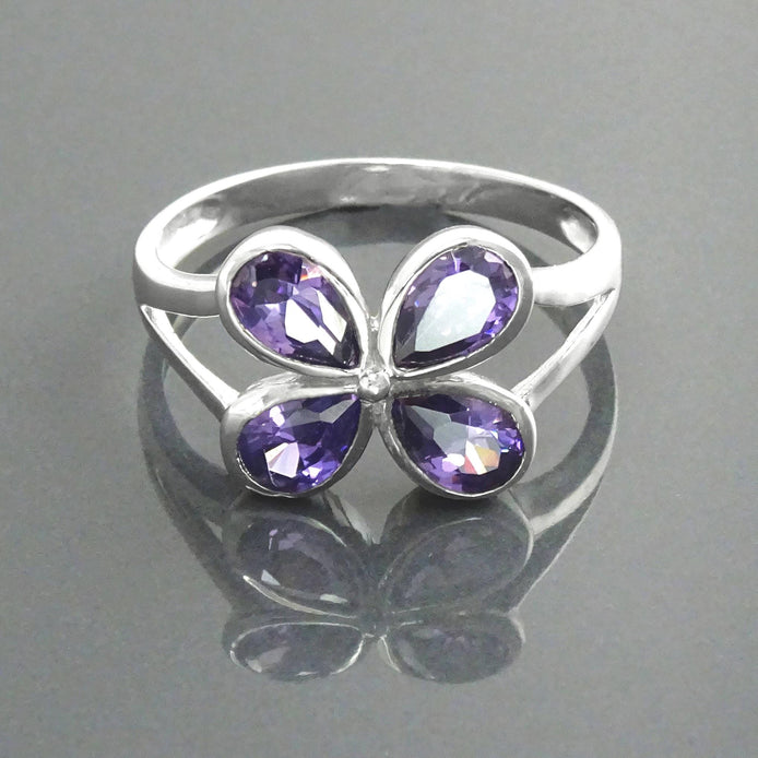 Sterling Silver Flower Ring, Amethyst Purple Color CZ, Modern Minimalist Jewelry