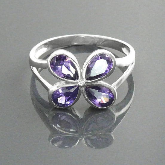 Sterling Silver Flower Ring, Amethyst Purple Color CZ, Modern Minimalist Jewelry