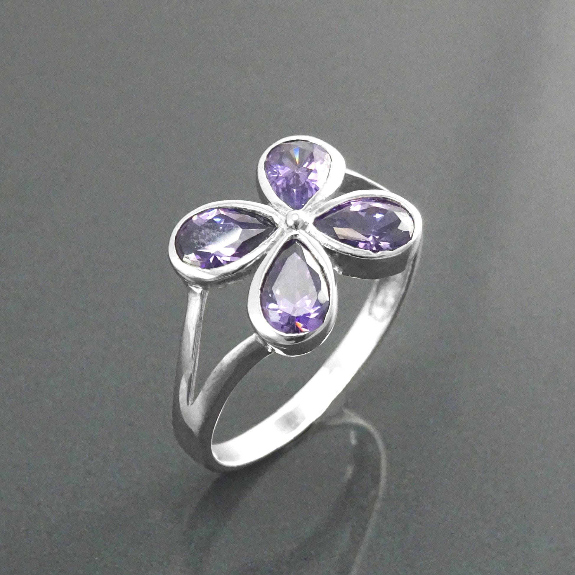 Sterling Silver Flower Ring, Amethyst Purple Color CZ, Modern Minimalist Jewelry