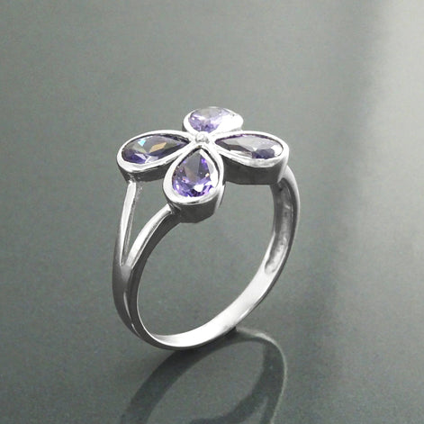Sterling Silver Flower Ring, Amethyst Purple Color CZ, Modern Minimalist Jewelry