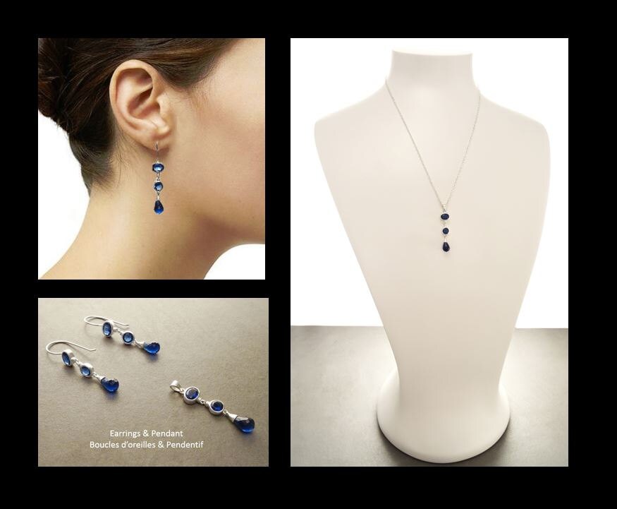 Sapphire Long pendant, Sterling Silver, Lab Sapphire Pendant, Unique Modern Jewelry, Deep Blue, Dangle 3 Stones Teardrop Set, Bezel Setting