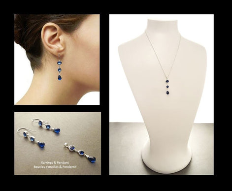 Sapphire Long pendant, Sterling Silver, Lab Sapphire Pendant, Unique Modern Jewelry, Deep Blue, Dangle 3 Stones Teardrop Set, Bezel Setting