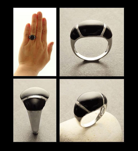 Onyx Band Ring - Sterling Silver Dome Black Onyx Gemstone Ring - Modern Domed Stone Jewelry