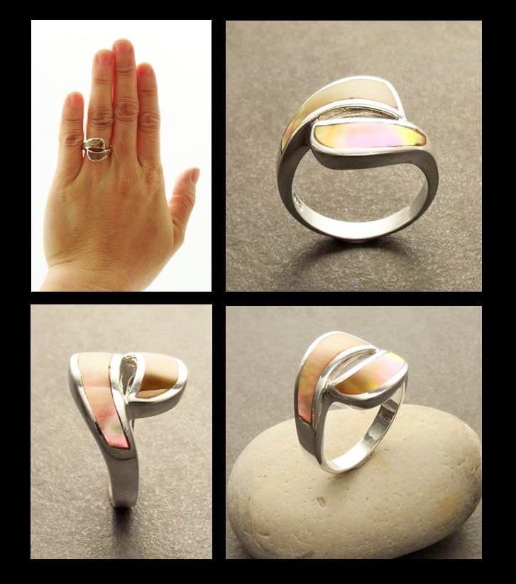Comma Ring, Sterling Silver, GENUINE Brown Paua Shell, Bypass Popular Dainty Ring, Copper Rainbow Highlights, Geometric Jewelry