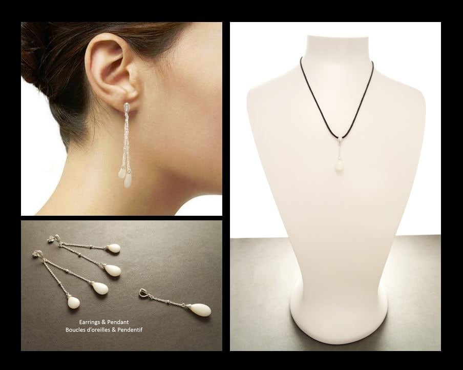 Agate Teardrop Earrings - Sterling Silver - Chainmaille Stones Earrings - Link earrings - White Agate Gemstone - white stone earrings