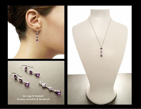 Purple Long Pendant - Sterling Silver Pendant - Purple Stones Cz - Long silver Pendant - Modern Set - Violet Small Stone pendant