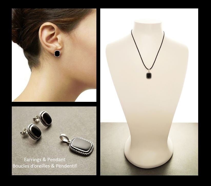 Black Earrings Set, Sterling Silver, Black Onyx Stone, Oxidized braided border Jewelry, Vintage Tribal Square shape Earrings and Pedant