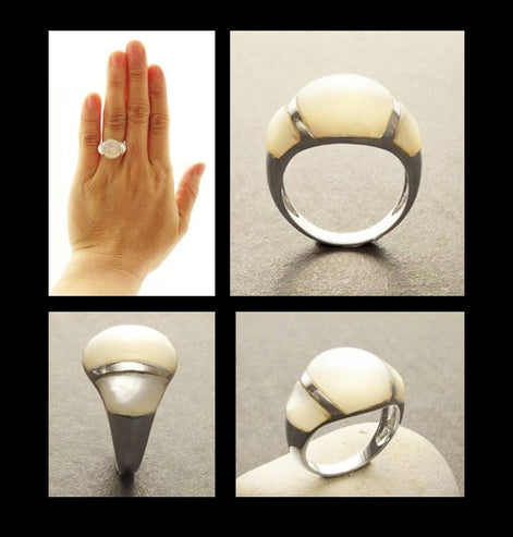 White Band Ring - Sterling Silver - Dome Ring - Mother of Pearl Shell - Gemstone Ring - Modern Stone Ring - shabby chic ring - Boho Ring