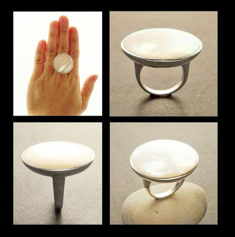 Modern Disc Ring, Sterling Silver, Genuine White MOP, Mother of Pearl, Modern Round Ring, Minimalist Jewelry, Unique Rounded Flat Stone Ring