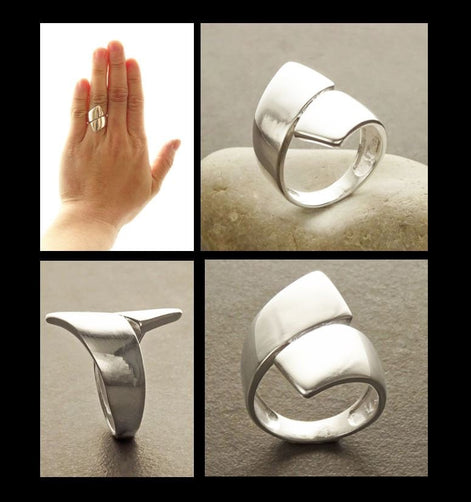 Sterling Bypass Ring, 925 Silver, Large Crossing Ring, Wrap Ring, Cross Ring, Modern Wide jewelry, Wrapping Band Ring