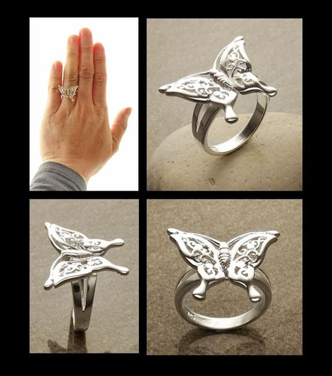 Butterfly Ring, Sterling Silver, Filigree Ring, Butterfies Pattern Ring, Boho Ring, Insect Jewelry, Nature Ring, Great Butterfly Wings Ring