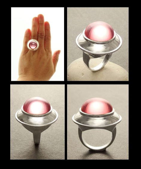 Pink cz Ring, Sterling Silver, Rose Round Domed Stone, flying saucer Ring, Statement Modern original Design Jewelry