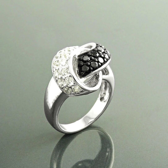 Knot Ring, Sterling Silver, Black & White Color (CZ) Stones, Node Ribbon Ring, Gift for her, Bold Jewelry for woman, Modern Infinity Design