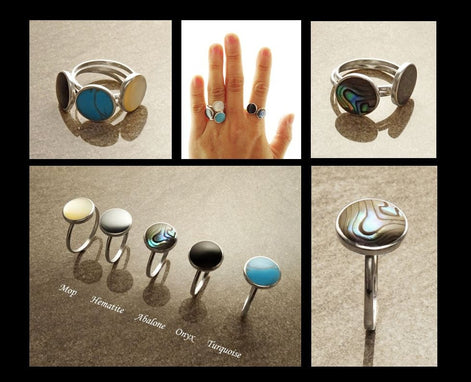 Round abalone ring, sterling silver set with genuine paua shell in a modern geometric stone design