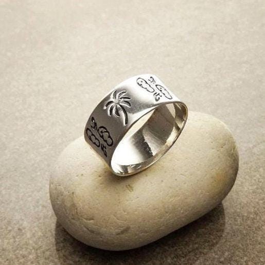 Sterling Silver Band Ring 925, Large Band Beach Palm Tree, Flip-Flops Pattern