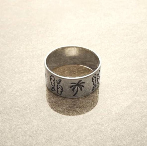 Sterling Silver Band Ring 925, Large Band Beach Palm Tree, Flip-Flops Pattern