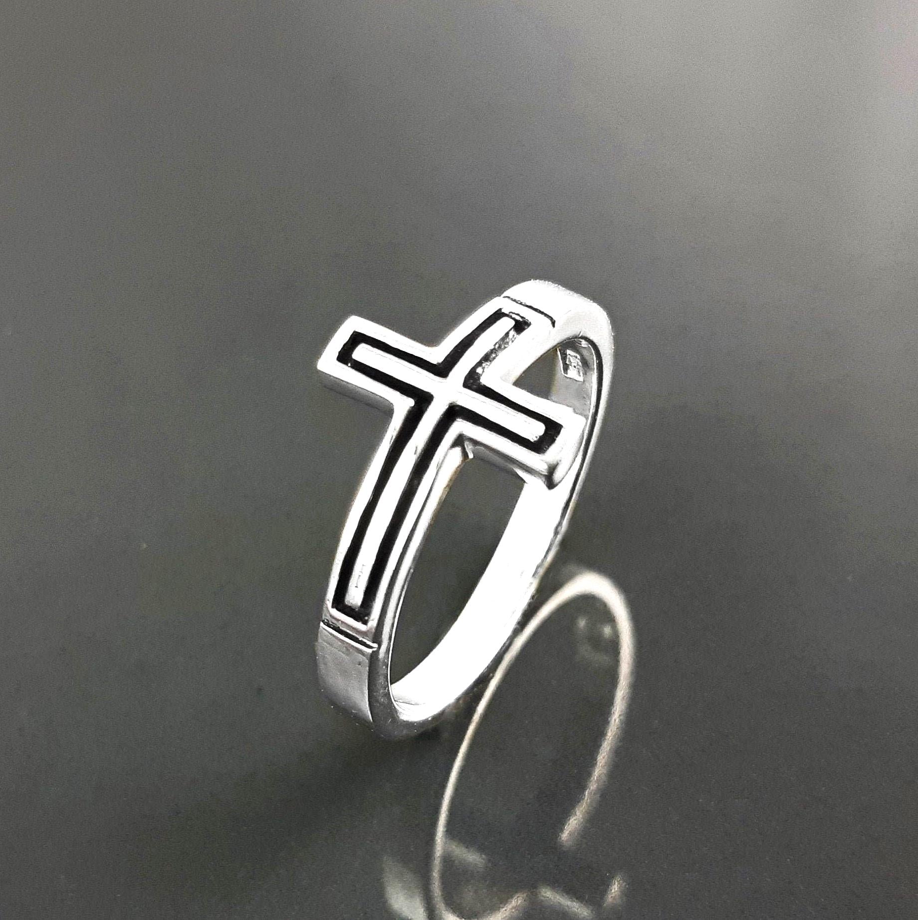 Sterling Silver Cross Ring, Sideways Crucifix, Religious Jewelry, 925