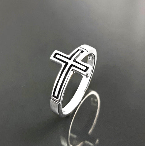 Sterling Silver Cross Ring, Sideways Crucifix, Religious Jewelry, 925