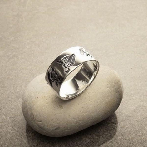 Handmade Sterling Silver Band Ring, Hawaiian Tiki Engraved, Tribal Surf Style, Large Ring