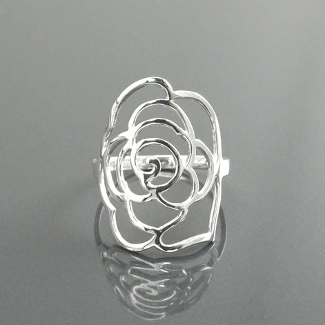 Sterling Silver Rose Filigree Ring, Open Work Floral Lace Jewelry