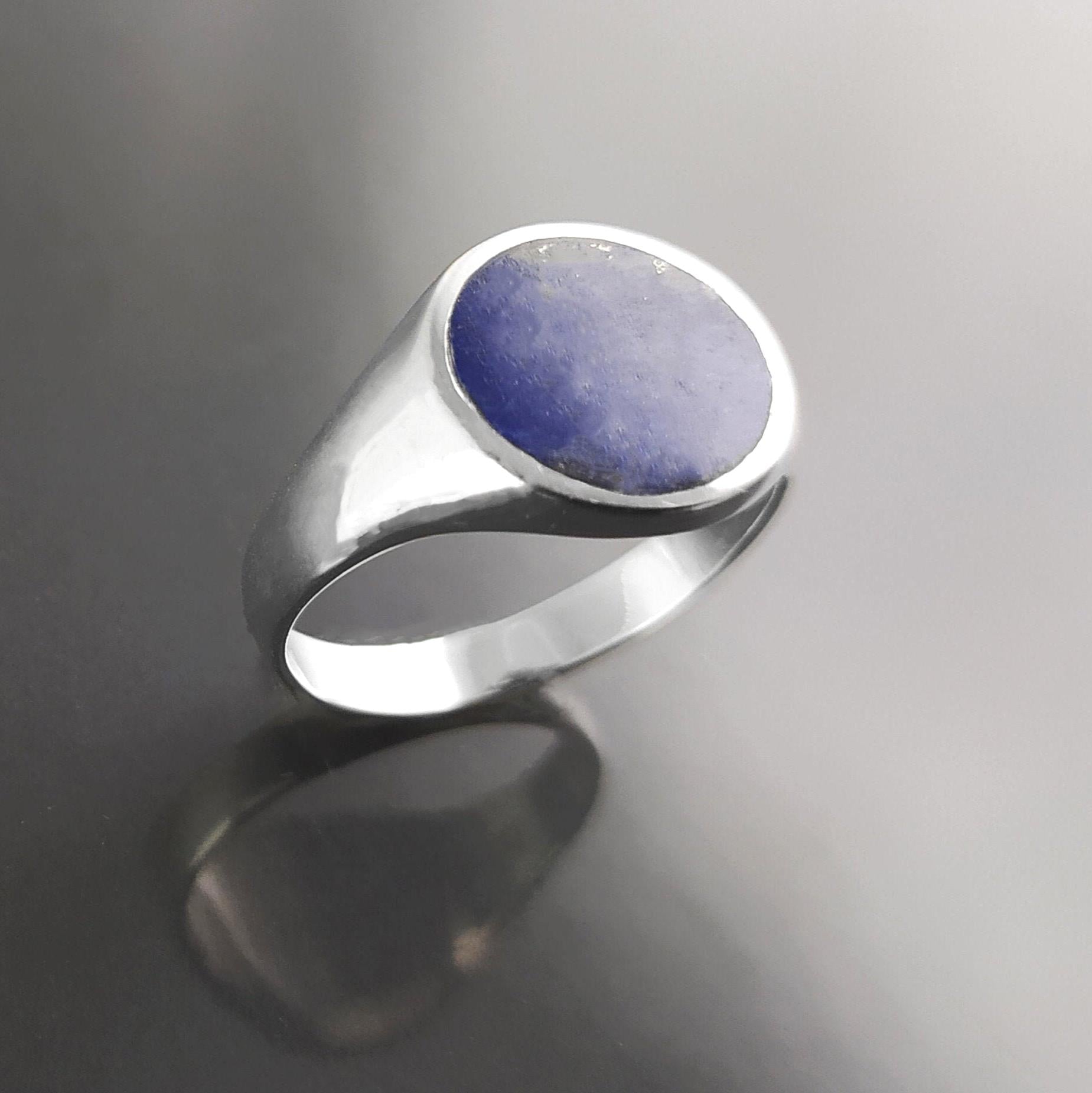 Lapis Lazuli Signet Ring, Sterling Silver Round Flat Stone, Handmade