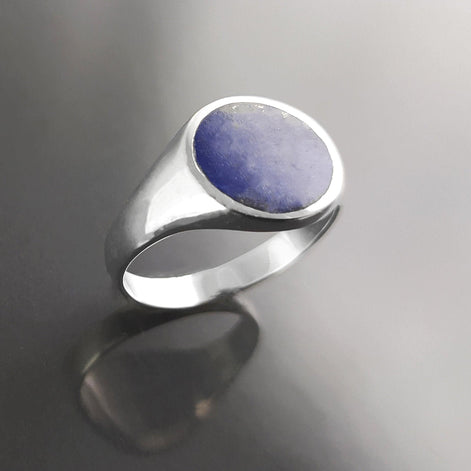 Lapis Lazuli Signet Ring, Sterling Silver Round Flat Stone, Handmade