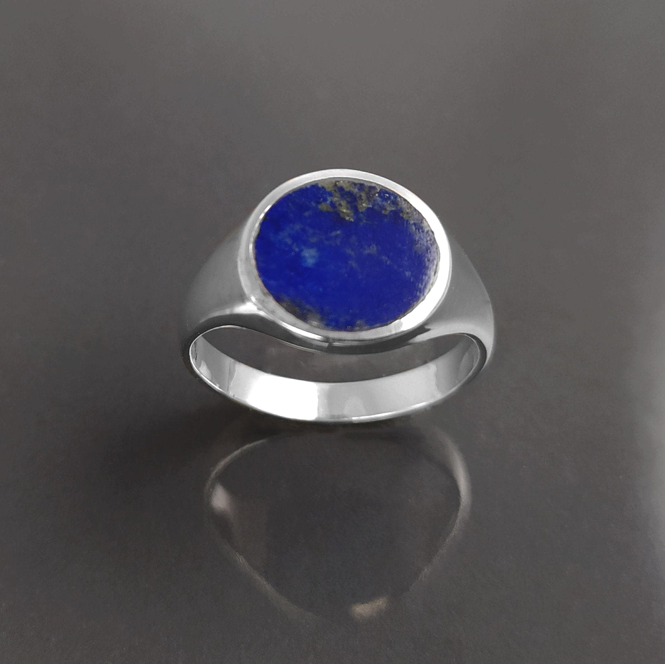Lapis Lazuli Signet Ring, Sterling Silver Round Flat Stone, Handmade