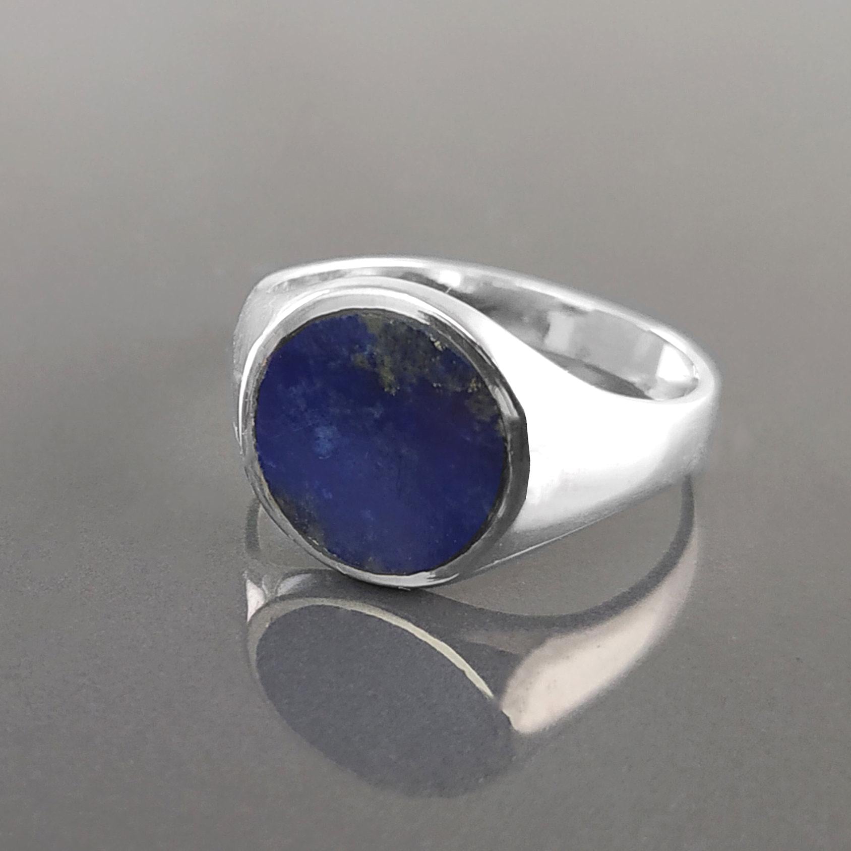 Lapis Lazuli Signet Ring, Sterling Silver Round Flat Stone, Handmade