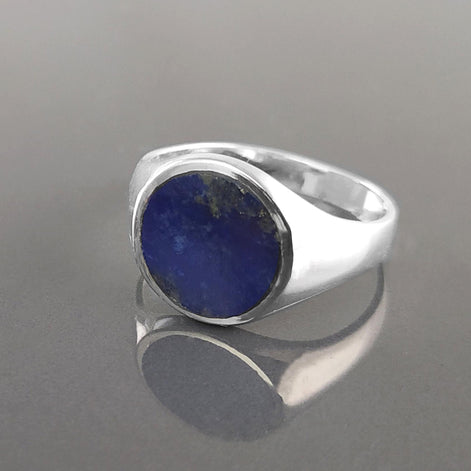 Lapis Lazuli Signet Ring, Sterling Silver Round Flat Stone, Handmade