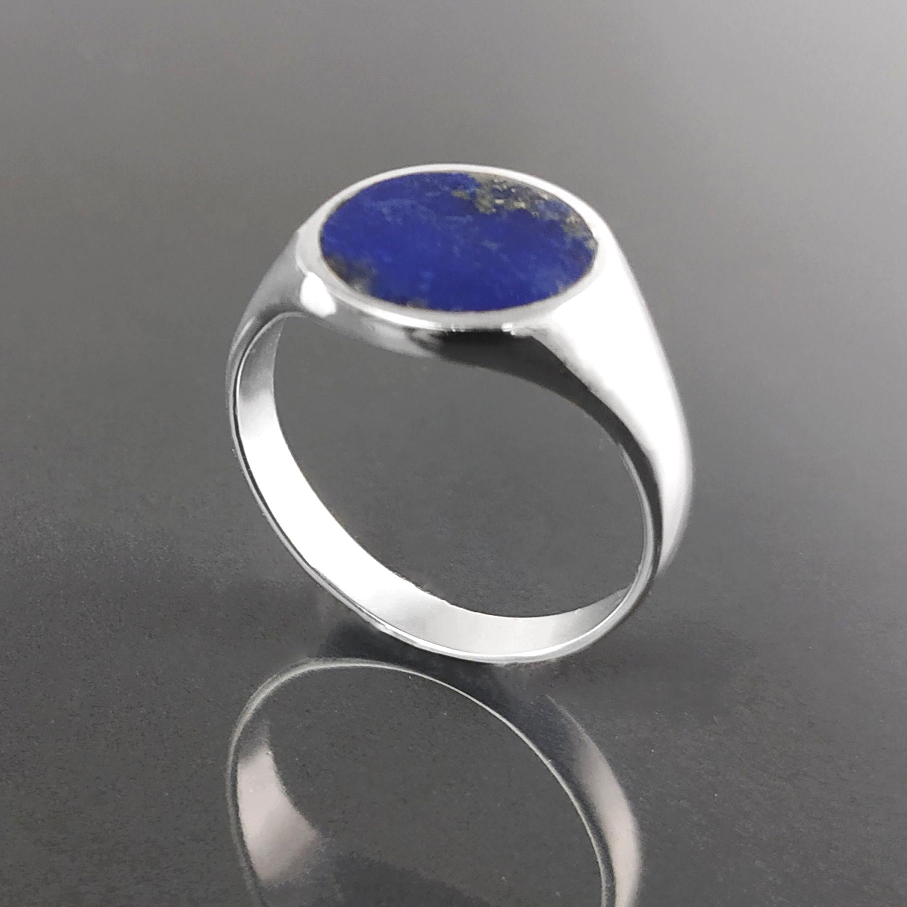 Lapis Lazuli Signet Ring, Sterling Silver Round Flat Stone, Handmade